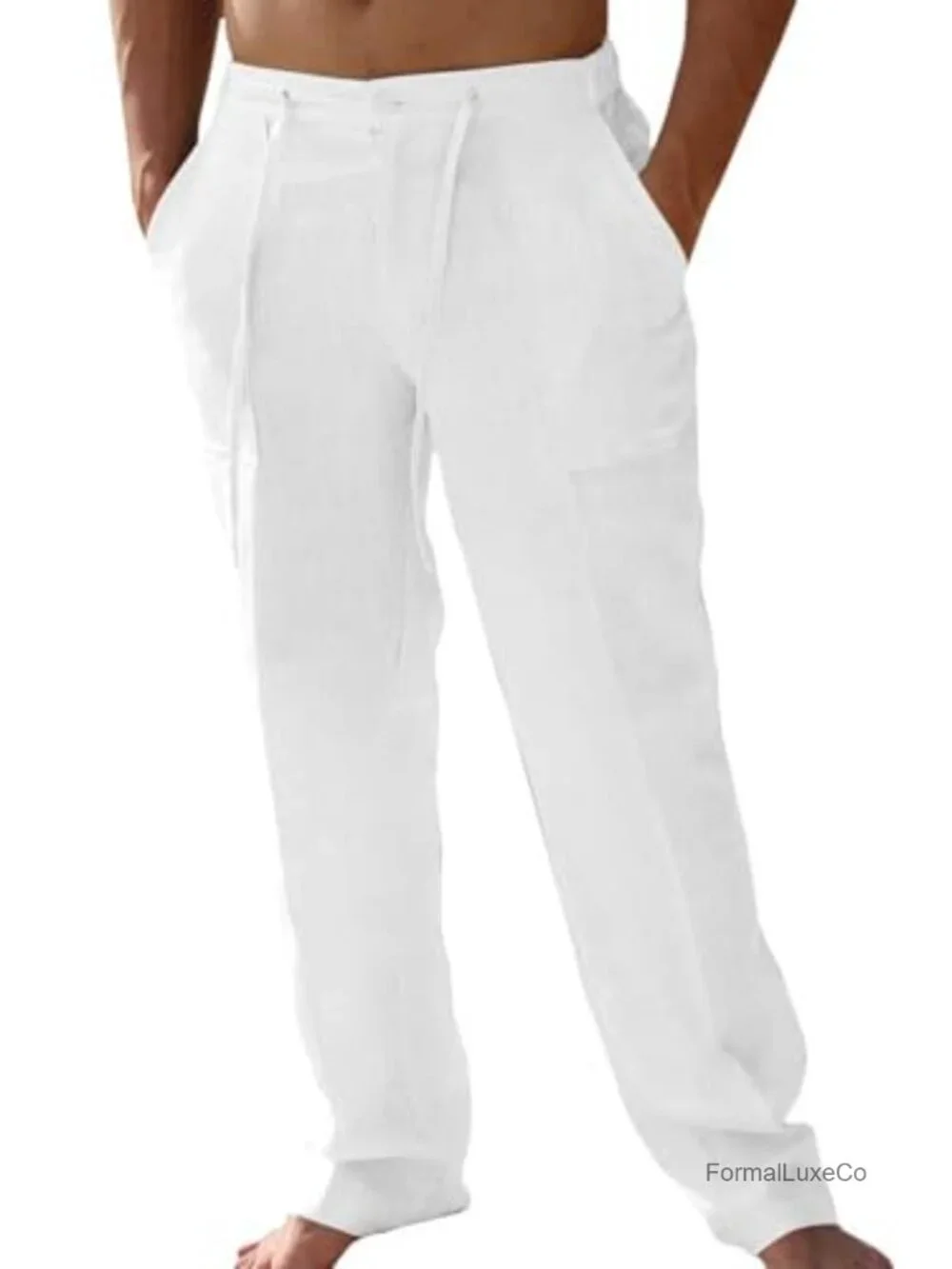 Men's Summer Casual Linen Pants Elastic Drawstring Waistband Straight Leg